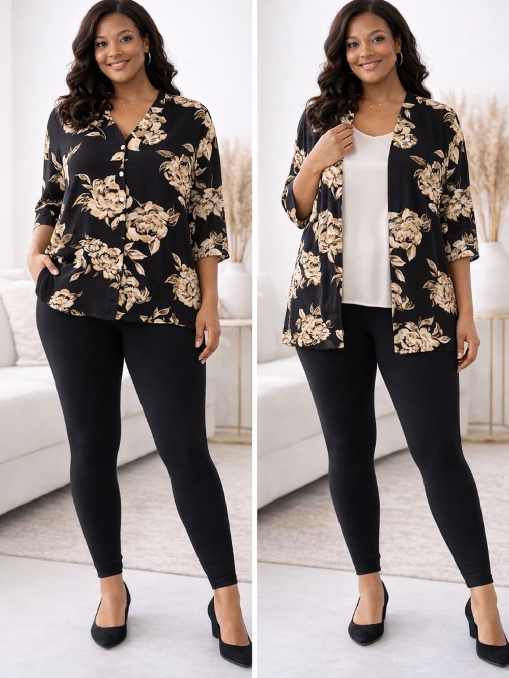 Plus Size 18/20W Black Floral Blouse Gold Beige Flowy Button Front Top